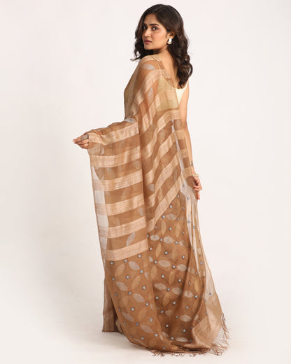 Women's Khaki Matka Silk Handloom Traditional Sequin Jamdani Saree