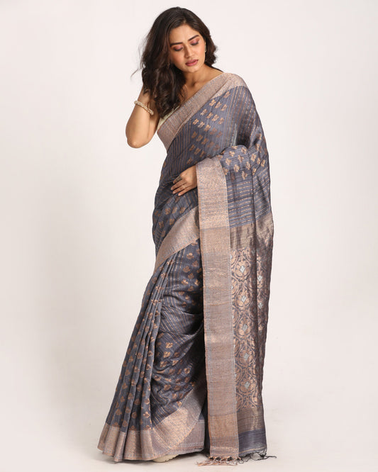 Women's Grey Handloom Traditional Tangail Matka Silk Saree