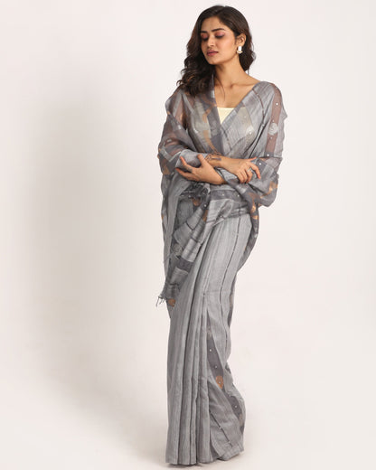 Women's Grey Matka Silk Handloom Traditional Sequin Jamdani Saree