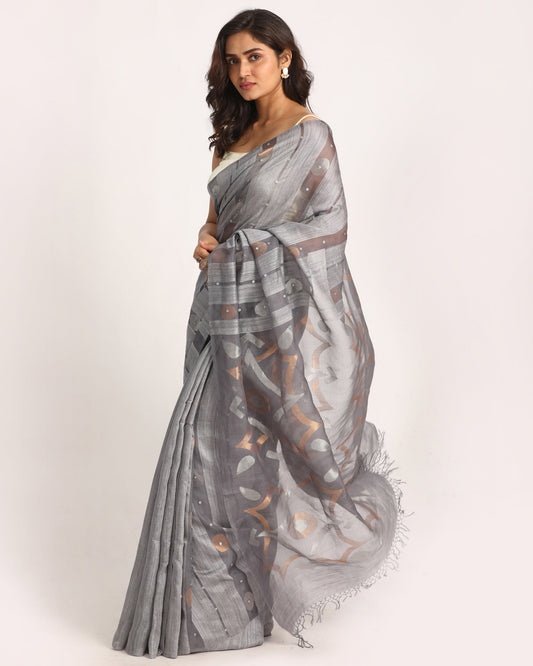 Women's Grey Matka Silk Handloom Traditional Sequin Jamdani Saree
