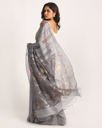 Women's Grey Matka Silk Handloom Traditional Sequin Jamdani Saree