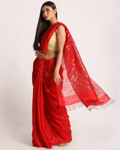 Women's Red Matka Silk Handloom Traditional Sequin Jamdani Saree