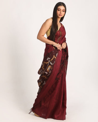 Women's Deep Maroon Matka Silk Handloom Traditional Sequin Jamdani Saree