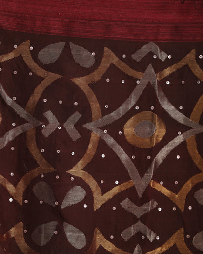 Women's Deep Maroon Matka Silk Handloom Traditional Sequin Jamdani Saree