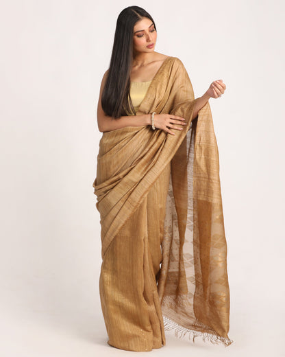 Women's Deep Tan Matka Silk Handloom Traditional Jamdani Saree