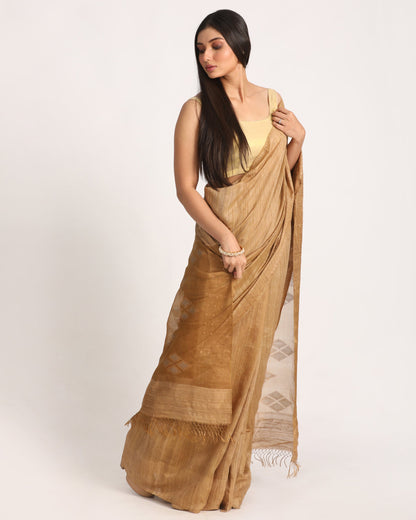 Women's Deep Tan Matka Silk Handloom Traditional Jamdani Saree