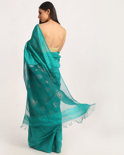 Women's Deep Cyan Matka Silk Handloom Traditional Jamdani Saree