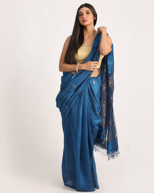 Women's Dark Sky Blue Matka Silk Handloom Traditional Jamdani Saree