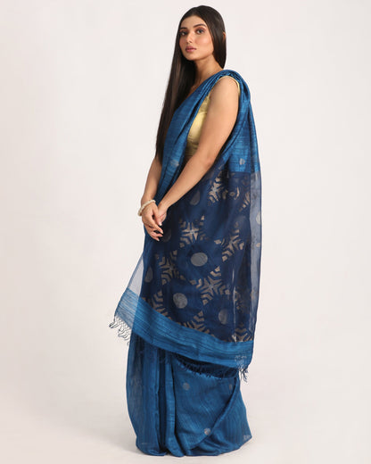 Women's Dark Sky Blue Matka Silk Handloom Traditional Jamdani Saree