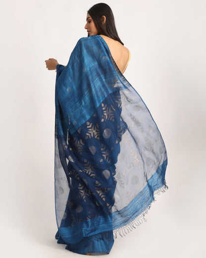 Women's Dark Sky Blue Matka Silk Handloom Traditional Jamdani Saree