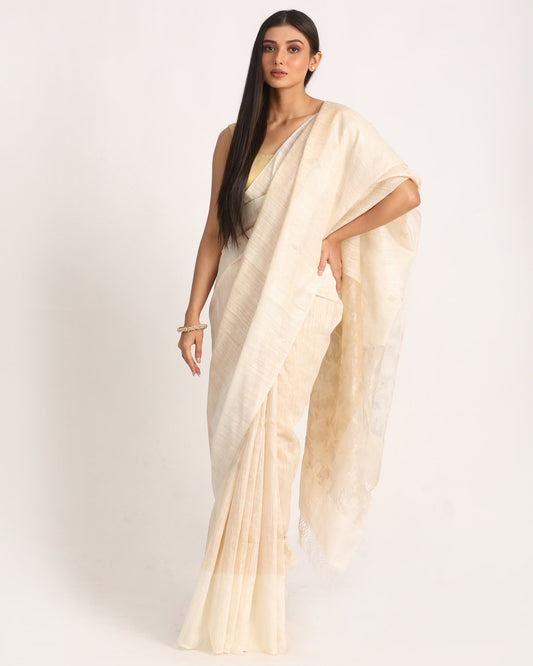 Women's Off White Matka Silk Handloom Traditional Jamdani Saree