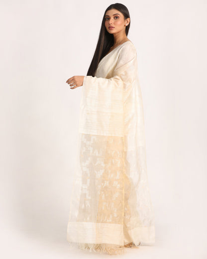 Women's Off White Matka Silk Handloom Traditional Jamdani Saree