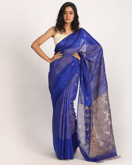 Women's Royel Blue Matka Silk Handloom Traditional Jamdani Saree