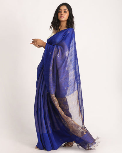 Women's Royel Blue Matka Silk Handloom Traditional Jamdani Saree