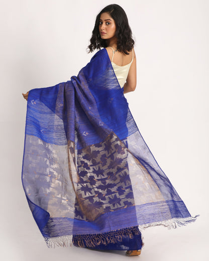 Women's Royel Blue Matka Silk Handloom Traditional Jamdani Saree