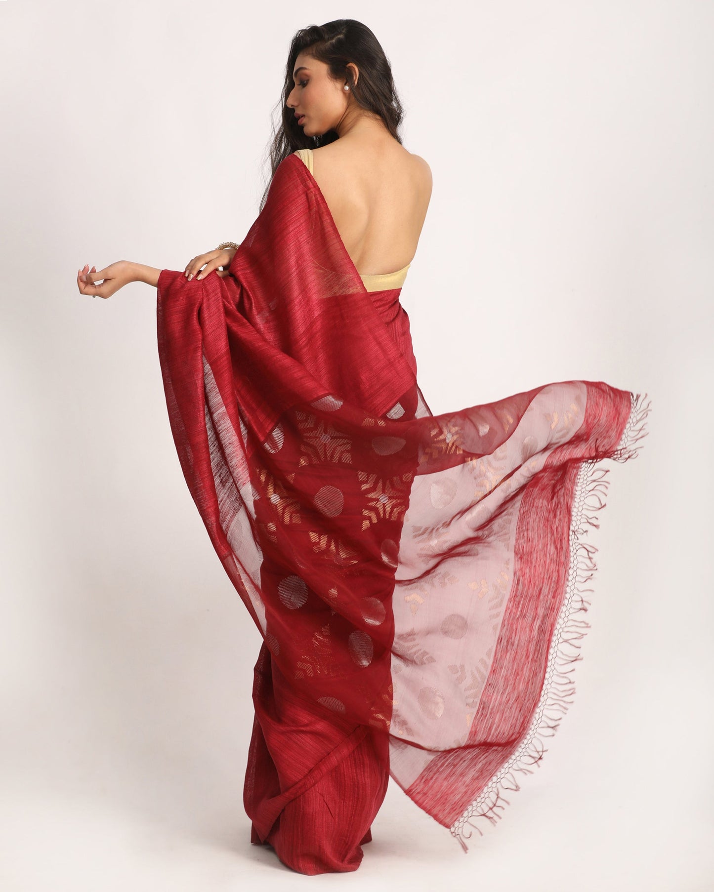 Women's Maroon Matka Silk Handloom Traditional Jamdani Saree