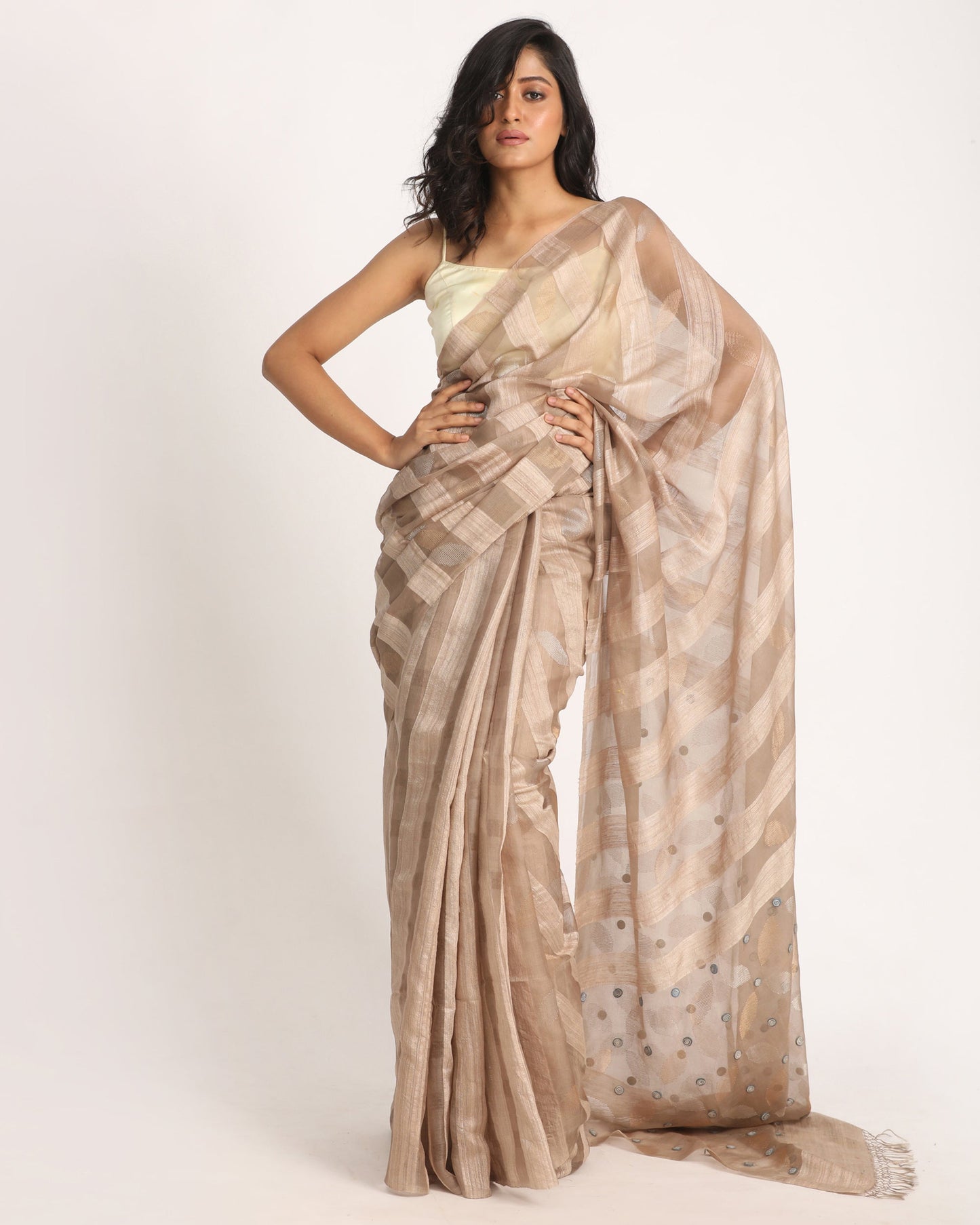 Women's Beige Matka Silk Handloom Traditional Sequin Jamdani Saree