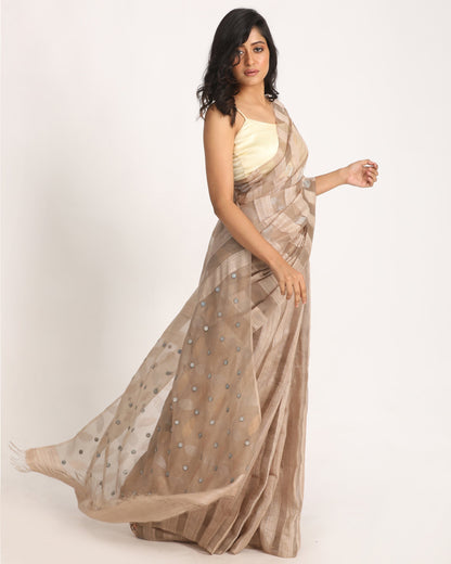 Women's Beige Matka Silk Handloom Traditional Sequin Jamdani Saree