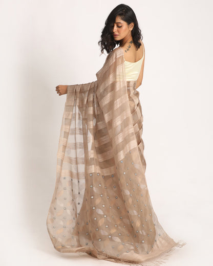 Women's Beige Matka Silk Handloom Traditional Sequin Jamdani Saree
