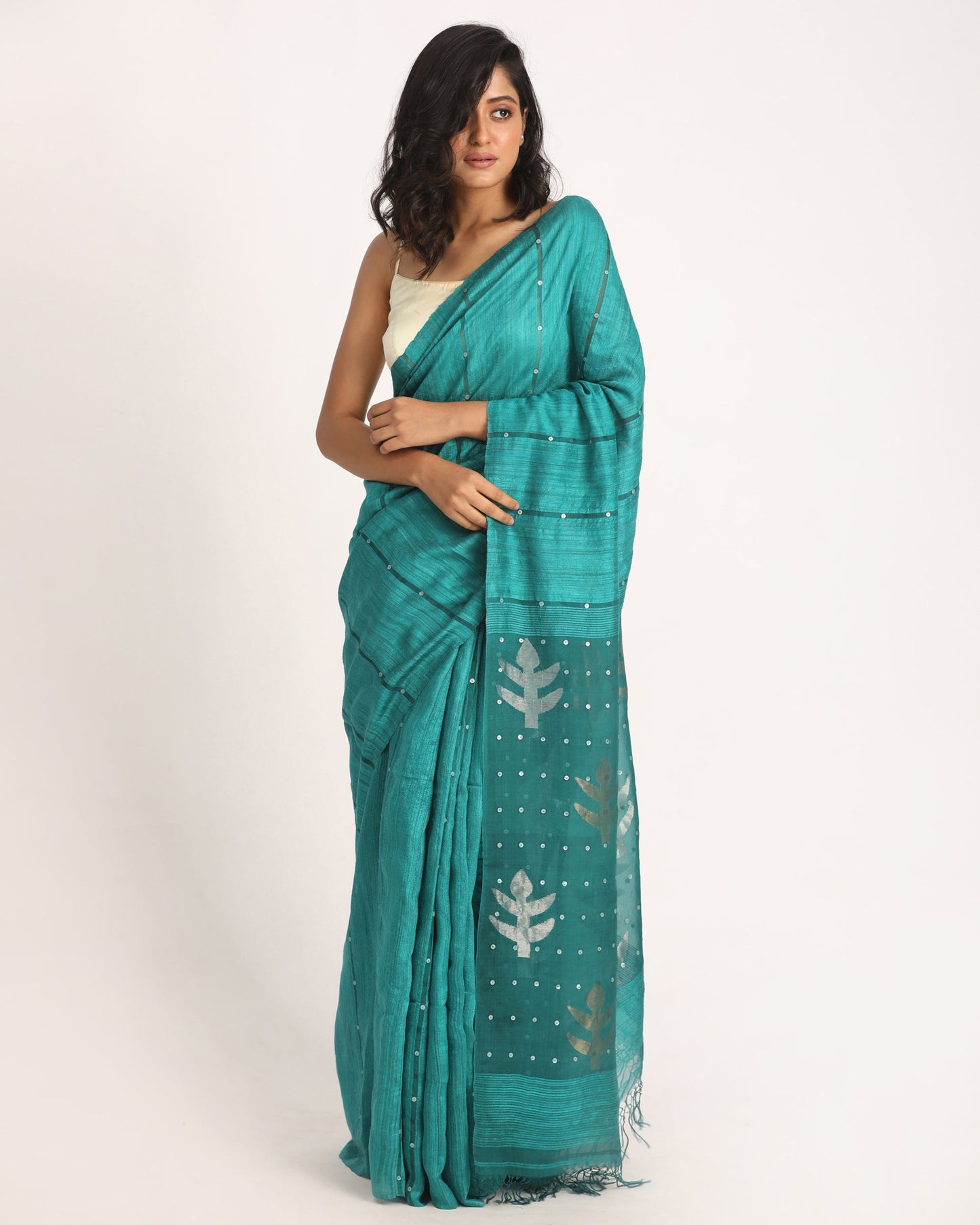 Women's Teal Matka Silk Handloom Traditional Sequin Jamdani Saree