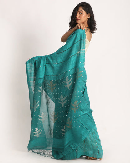 Women's Teal Matka Silk Handloom Traditional Sequin Jamdani Saree