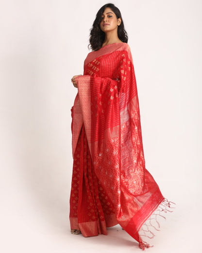 Women's Red Handloom Traditional Tangail Matka Silk Saree