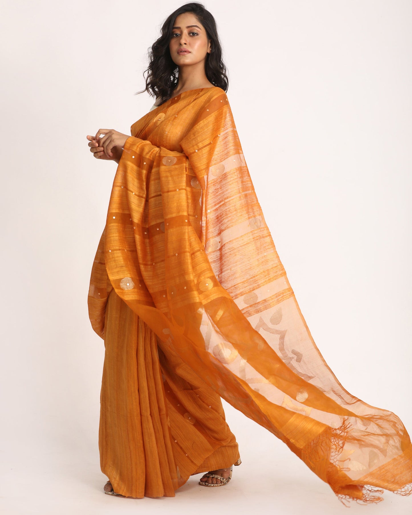 Women's Orange Matka Silk Handloom Traditional Sequin Jamdani Saree