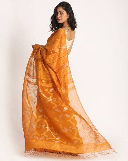 Women's Orange Matka Silk Handloom Traditional Sequin Jamdani Saree