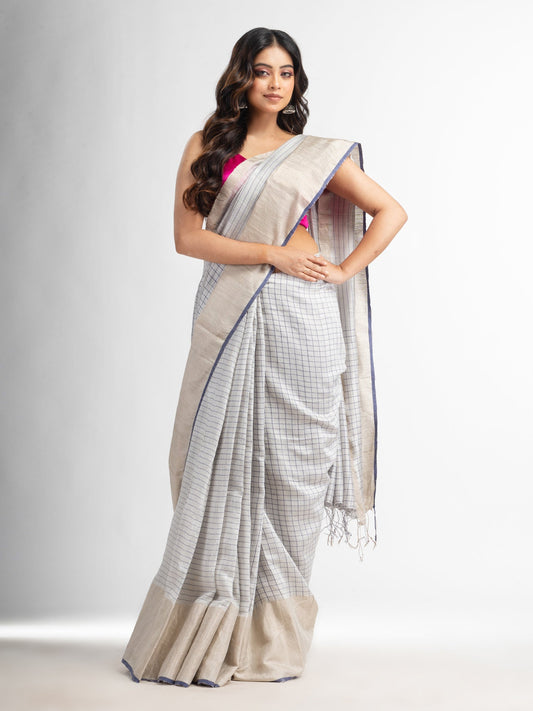 Women's Silk matka check silver zari border handwoven saree