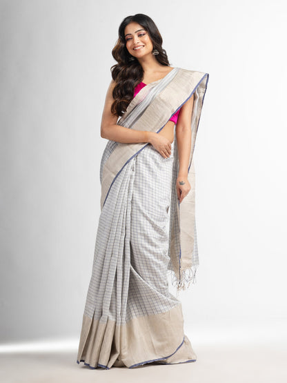 Women's Silk matka check silver zari border handwoven saree