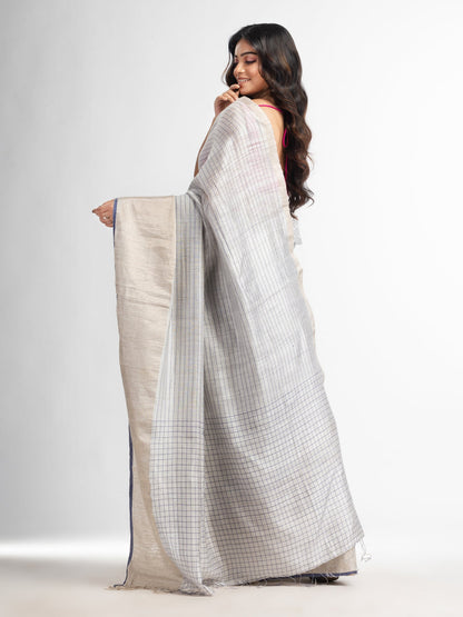 Women's Silk matka check silver zari border handwoven saree