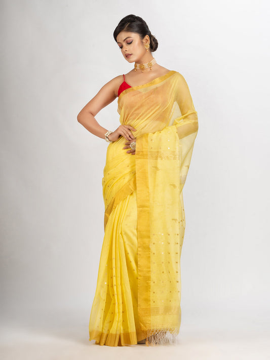 Women's Yollow Silk Cotton Pocket Chumki Jamdani handloom saree