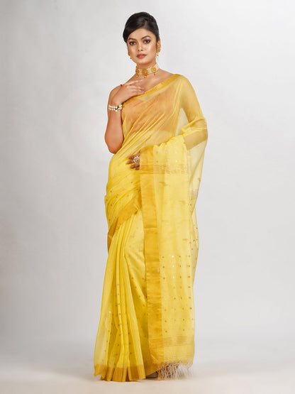 Women's Yollow Silk Cotton Pocket Chumki Jamdani handloom saree