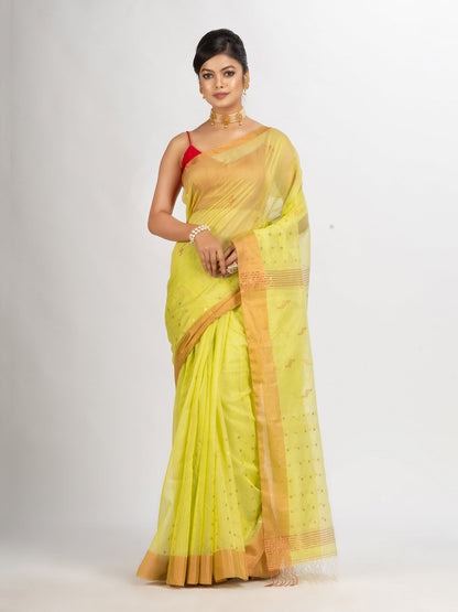 Women's Lemon Yollow Silk Cotton Pocket Chumki Jamdani handloom saree