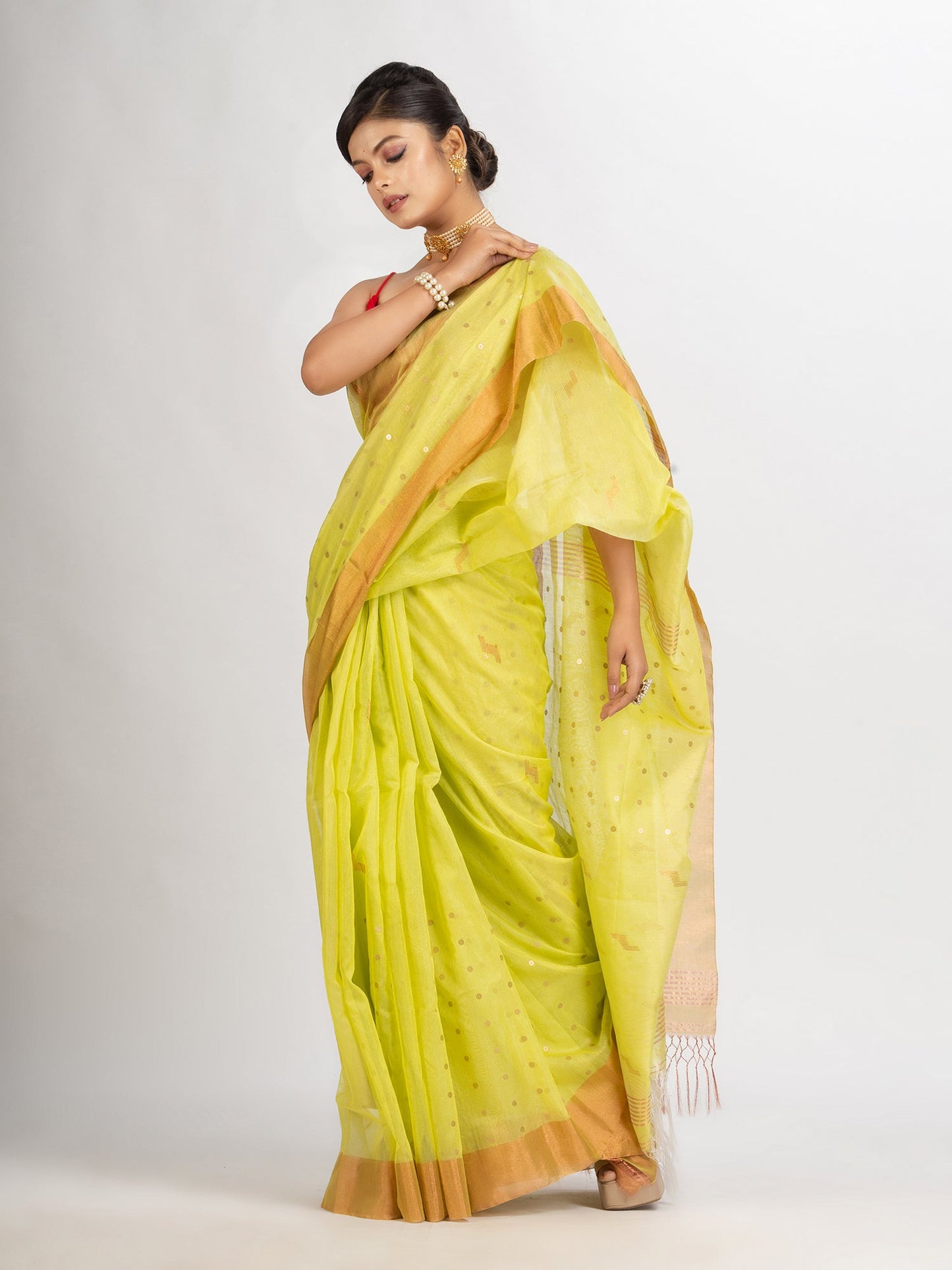 Women's Lemon Yollow Silk Cotton Pocket Chumki Jamdani handloom saree