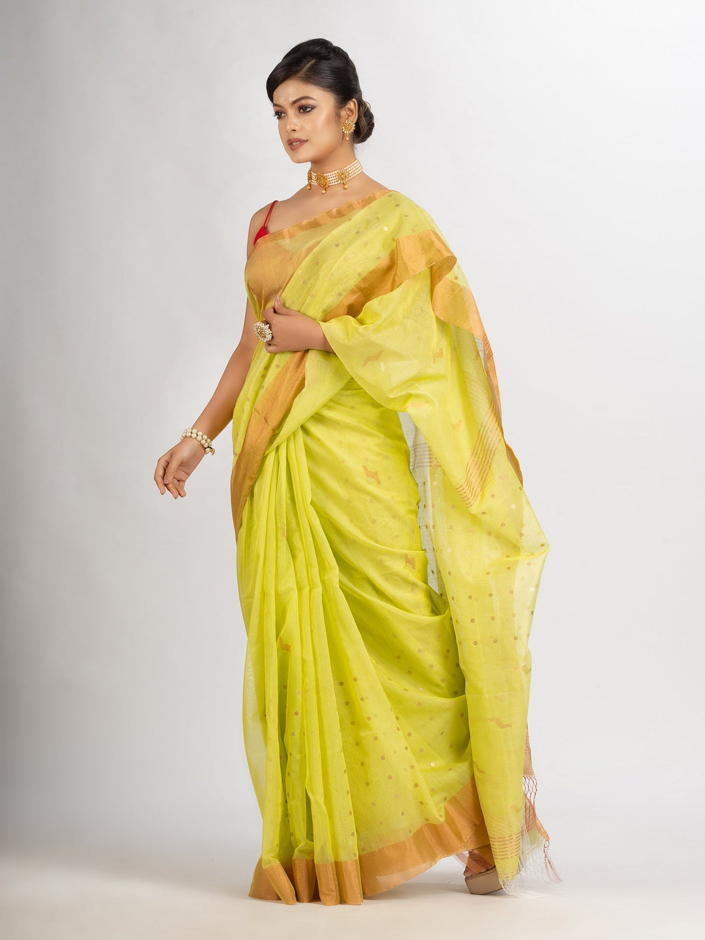Women's Lemon Yollow Silk Cotton Pocket Chumki Jamdani handloom saree