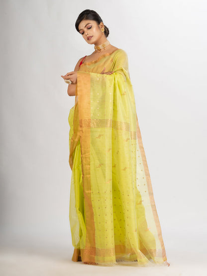 Women's Lemon Yollow Silk Cotton Pocket Chumki Jamdani handloom saree