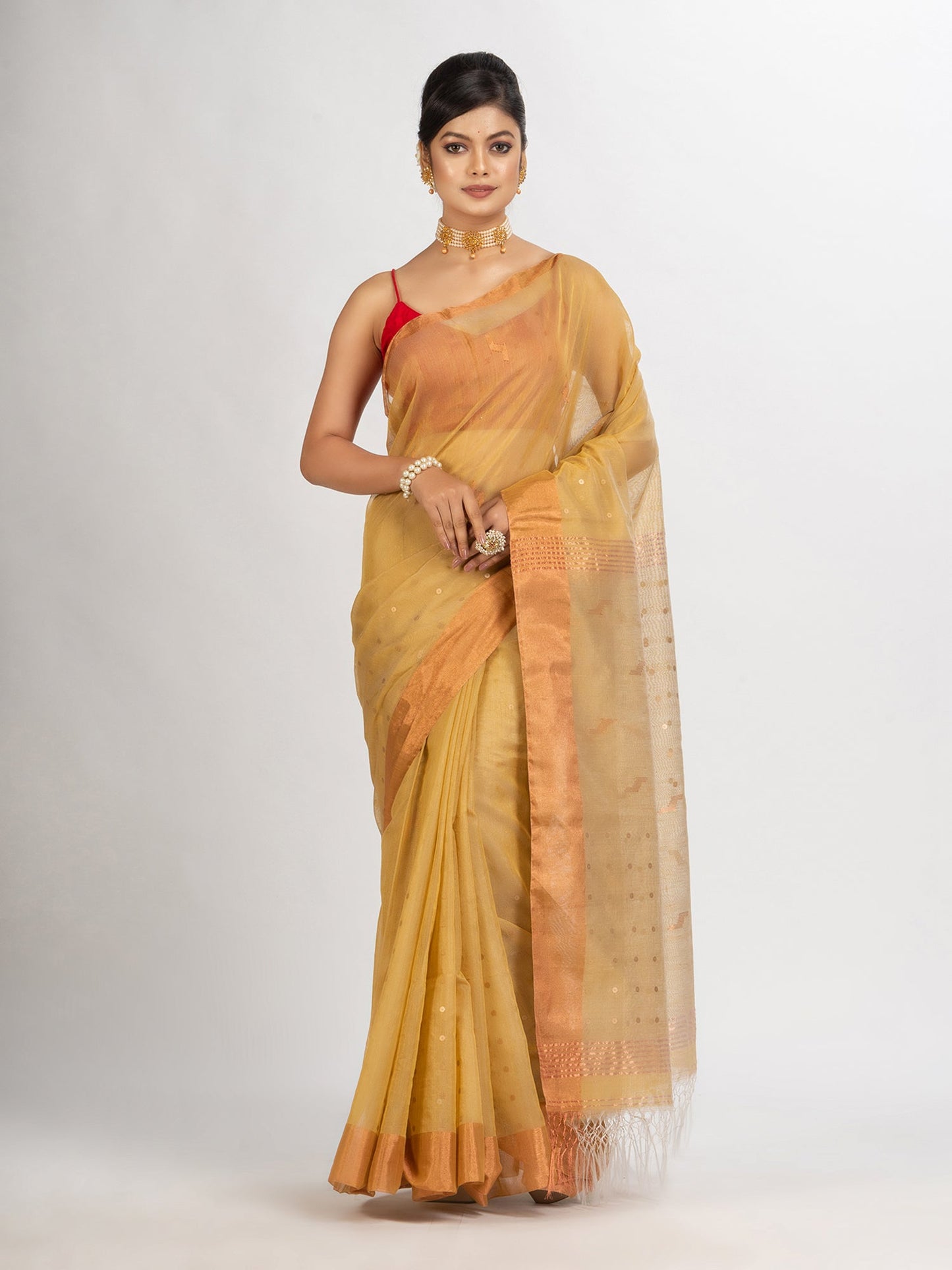 Women's Natural Tussar Colour Silk Cotton Pocket Chumki Jamdani handloom saree
