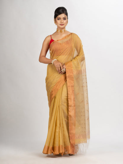Women's Natural Tussar Colour Silk Cotton Pocket Chumki Jamdani handloom saree