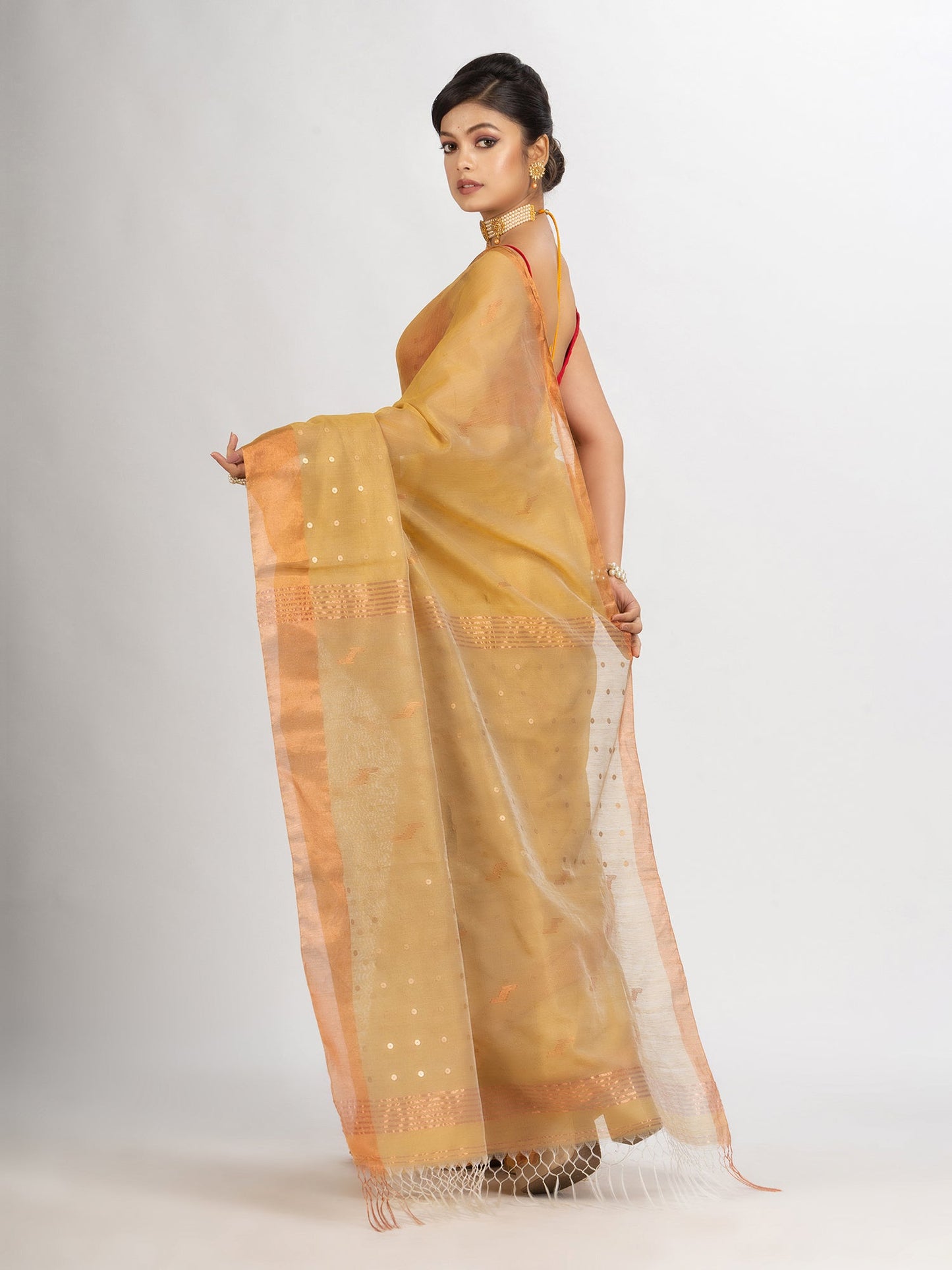 Women's Natural Tussar Colour Silk Cotton Pocket Chumki Jamdani handloom saree