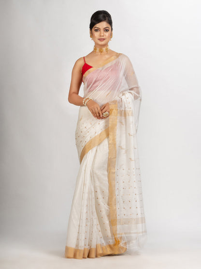 Women's White Silk Cotton Pocket Chumki Jamdani handloom saree