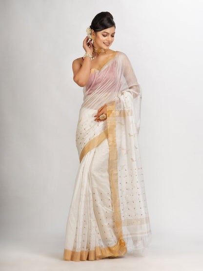 Women's White Silk Cotton Pocket Chumki Jamdani handloom saree