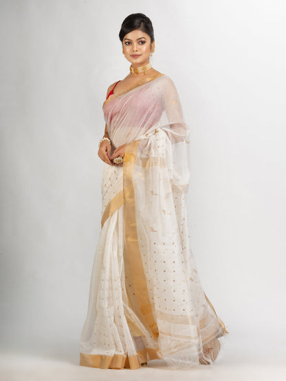 Women's White Silk Cotton Pocket Chumki Jamdani handloom saree