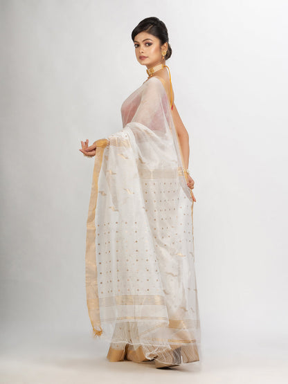Women's White Silk Cotton Pocket Chumki Jamdani handloom saree