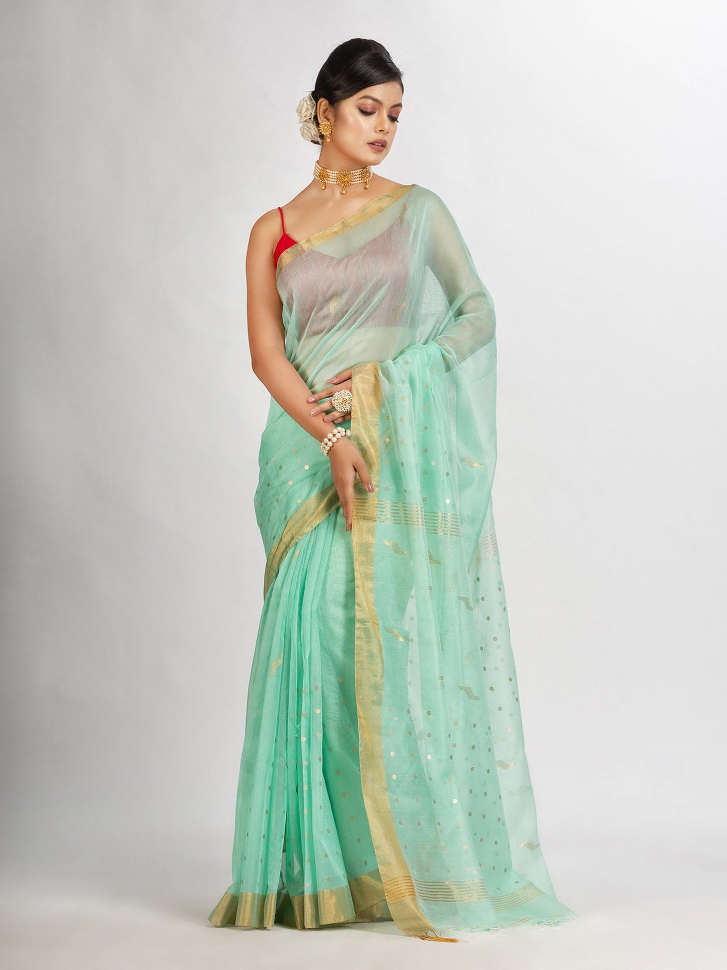 Women's Pastel Green Silk Cotton Pocket Chumki Jamdani handloom saree