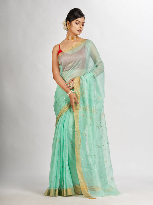 Women's Pastel Green Silk Cotton Pocket Chumki Jamdani handloom saree
