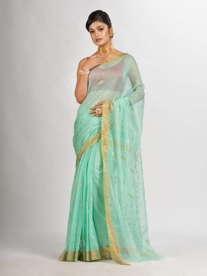 Women's Pastel Green Silk Cotton Pocket Chumki Jamdani handloom saree
