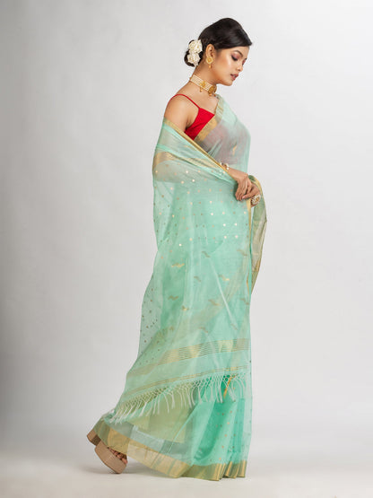 Women's Pastel Green Silk Cotton Pocket Chumki Jamdani handloom saree