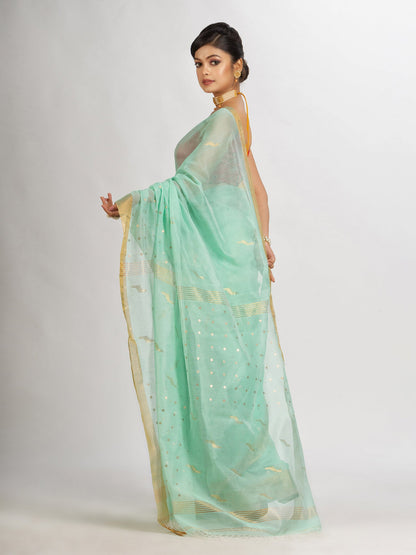 Women's Pastel Green Silk Cotton Pocket Chumki Jamdani handloom saree