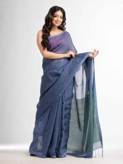 Women's Blue slate grey resham cotton kota check all over Buti jacquqrd Pallu handwoven saree